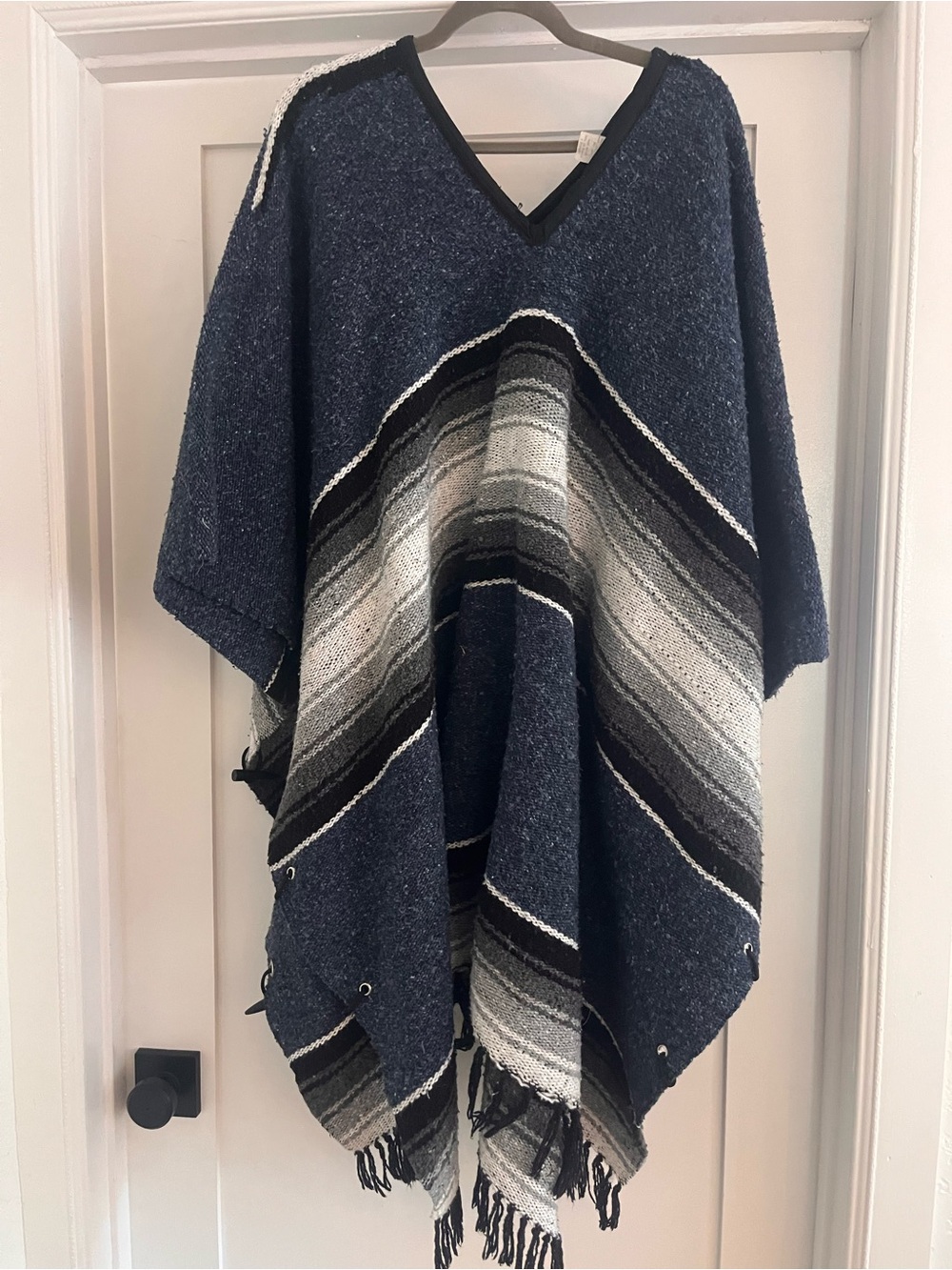 Bodhi Striped Navy Poncho with Fringe O/S